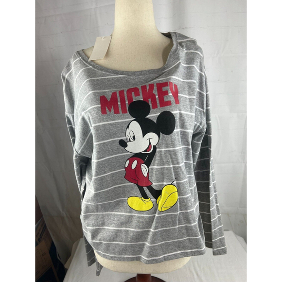 Women’s Disney Mickey Mouse Striped Long Sleeve Shirt Size XL Gray White NWT - Picture 1 of 3
